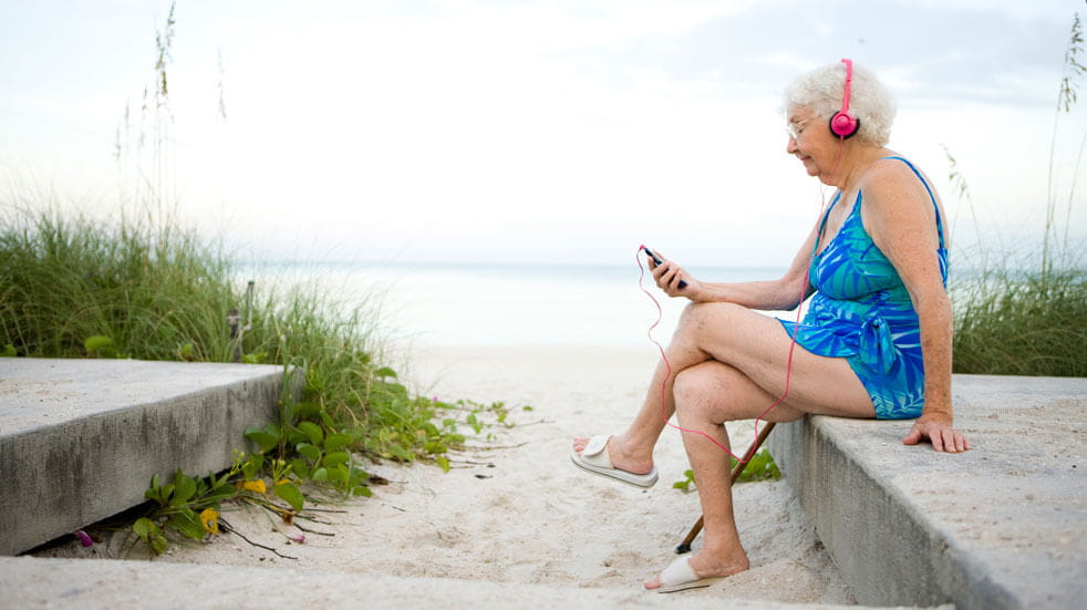 Everything you need to know about podcasts; old woman in swimsuit 